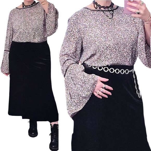 LOFT Pink Black Floral Crochet Trim Long Bell Sleeves Boho Blouse Large - Picture 4 of 13